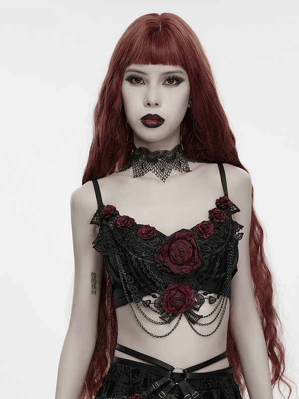 Goth Lace Chain Bralet with Black & Red Rose Motif - Punk Rave