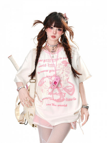 Black/White Lace Bow Appliques Drawstring Waist Sweet Graphic T-Shirt