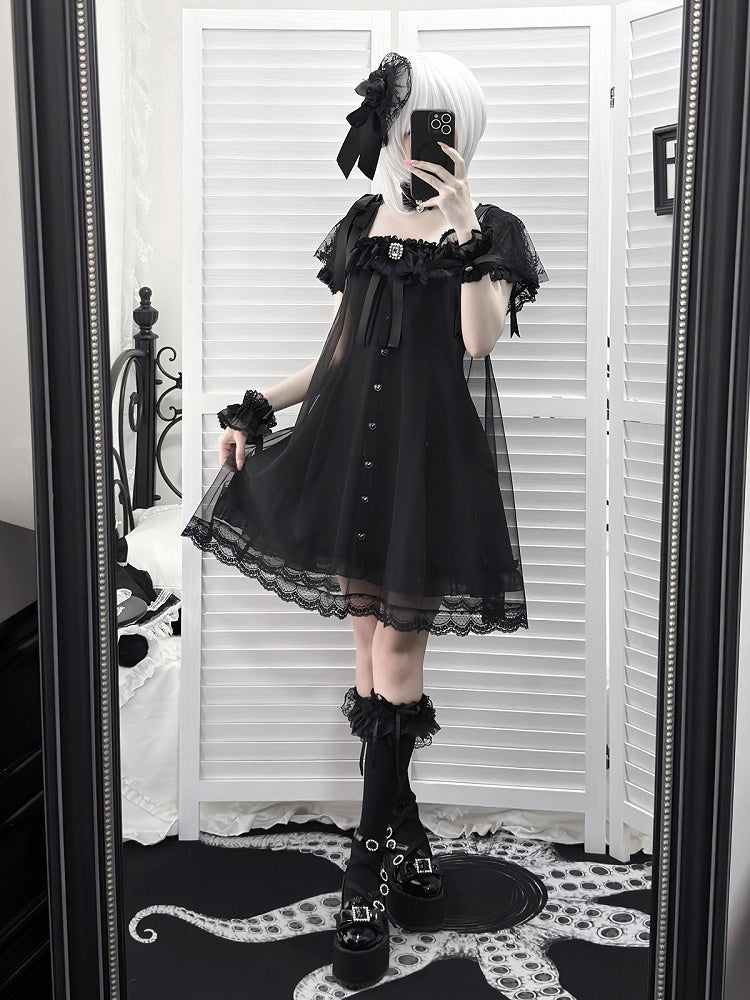 Gothic Square Neck Dress with Bow Accents - Ekomi