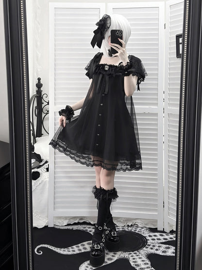 Gothic Square Neck Dress with Bow Accents - Ekomi