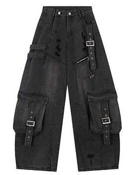 Washed Black Distressed Cargo Jeans with Metal Buckle - Rayohopp