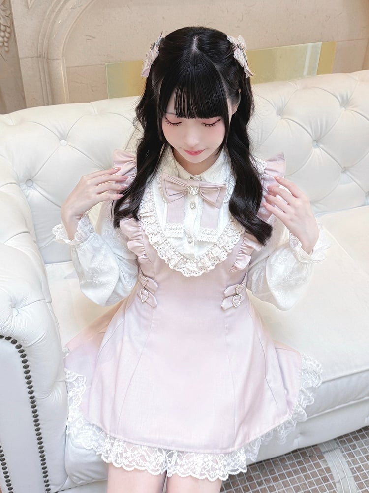 Ryousangata Pink Lace Long Sleeve Dress & Shorts Bow Set - Ekomi