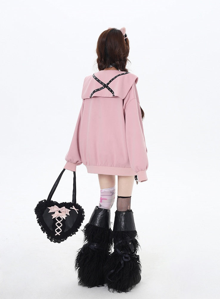 Pink/Gray Sailor Collar Zipper Closure Printed Jacket