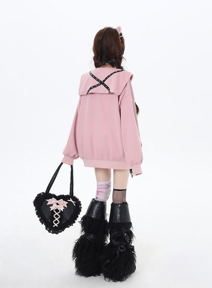 Pink/Gray Sailor Collar Zipper Closure Printed Jacket