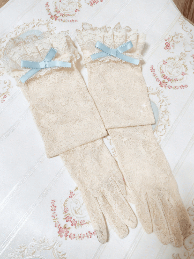 Gants Lolita Beige Floral Doux Motif Dentelle Bleue