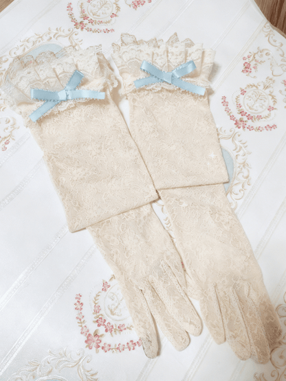 Gants Lolita Beige Floral Doux Motif Dentelle Bleue