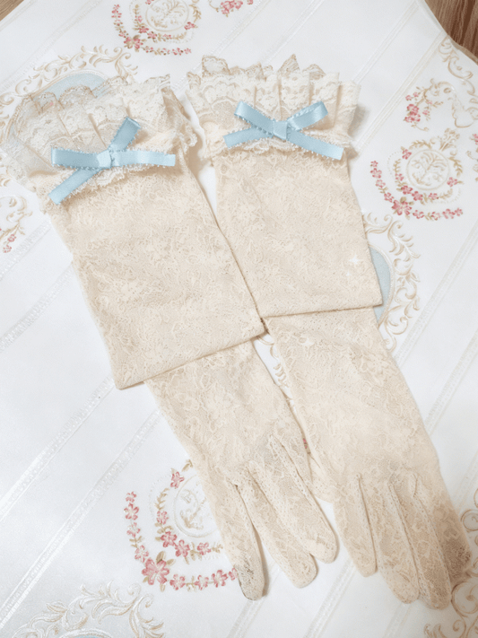Beige Floral Sweet Pattern Gloves Blue Lace Lolita