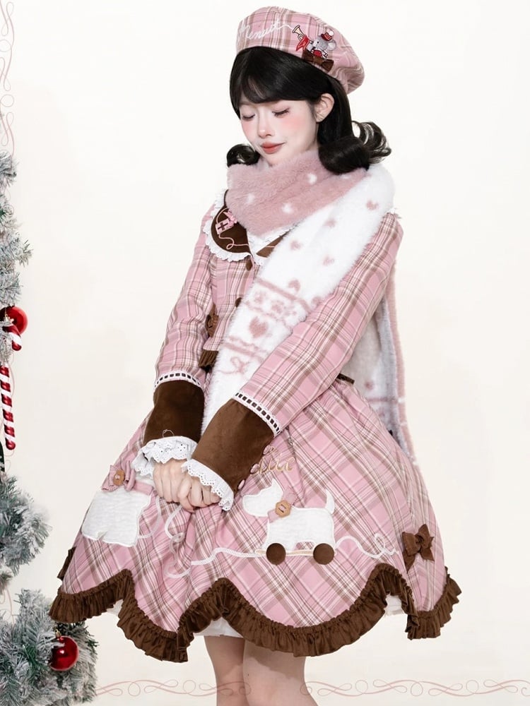 Winter Jumper Skirt in Pink Plaid with Cute Puppy Patchwork - iris de nuit