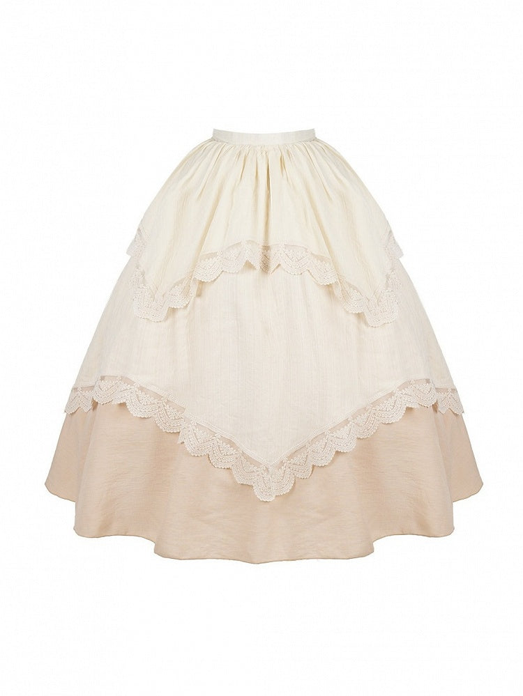 Beige Irregular Lace High-Waist Pleated Skirt - With PUJI