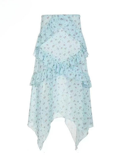 Top Holiday Trim Floral Bowknot + Details Cami Ruffles Blue