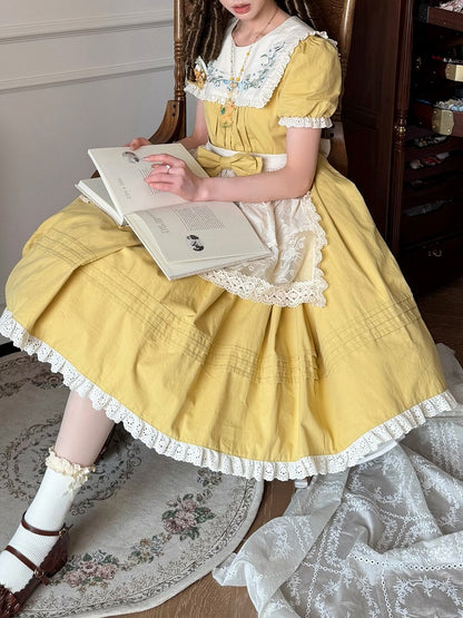 Yellow Floral Cotton OP Dress with Detachable Apron