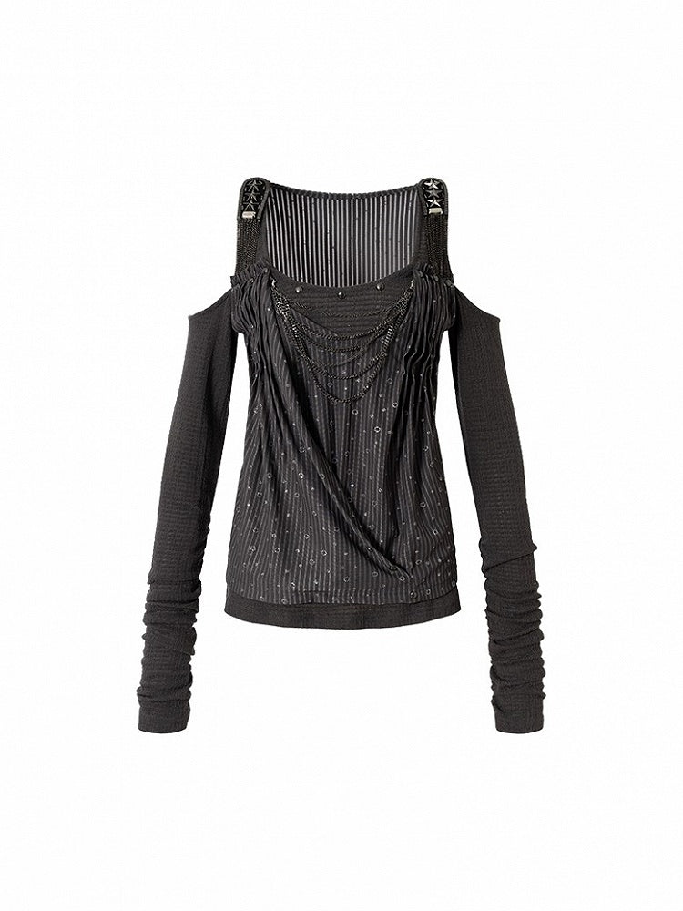 Knit Accents Cutout Gray Layered Shoulder Sequin Top Studded Dark with