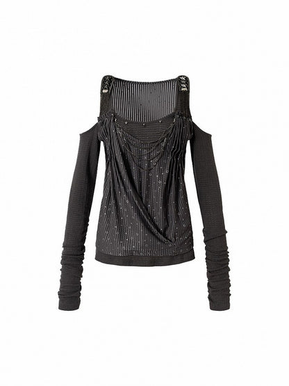 Knit Accents Cutout Gray Layered Shoulder Sequin Top Studded Dark with