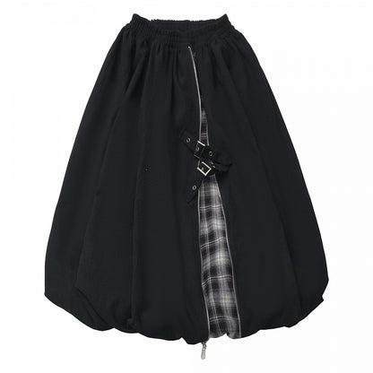 Patchwork and Tea Black Buckle with Bubble Detail Length Plaid Strap Skirt