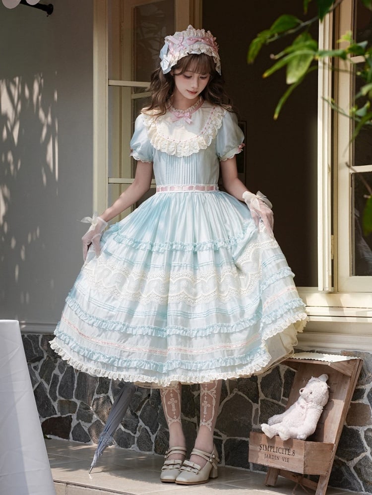 Mint Green Puff Sleeve Lace Trim Elegant Lolita Gown - Pumpkin Planet