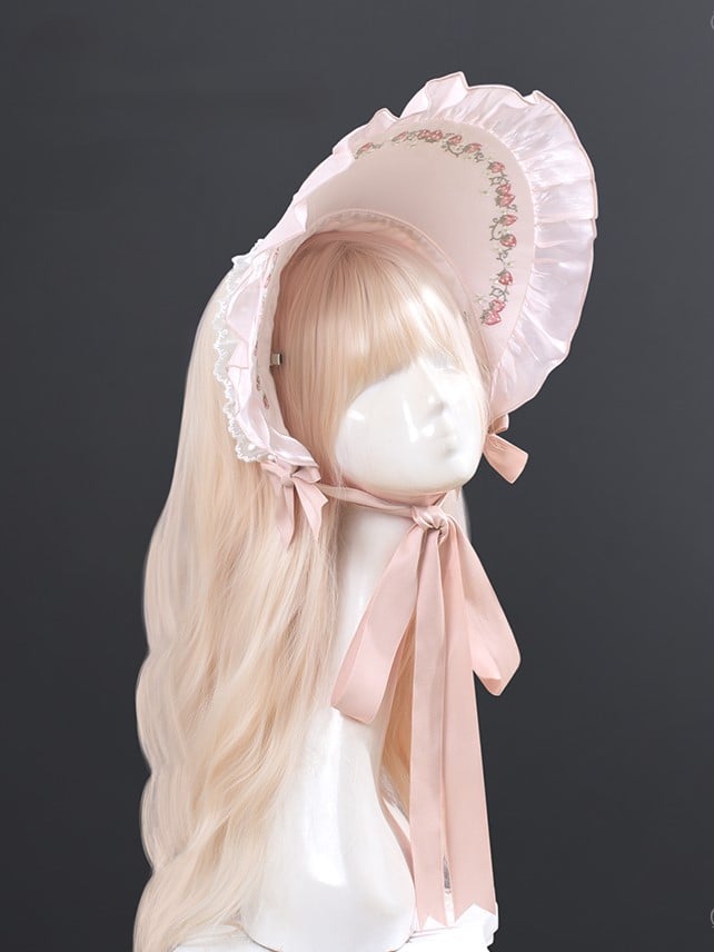 with Strawberry Pink Lolita Delight Ruffles Bonnet Lace