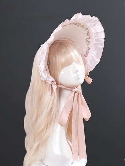 with Strawberry Pink Lolita Delight Ruffles Bonnet Lace