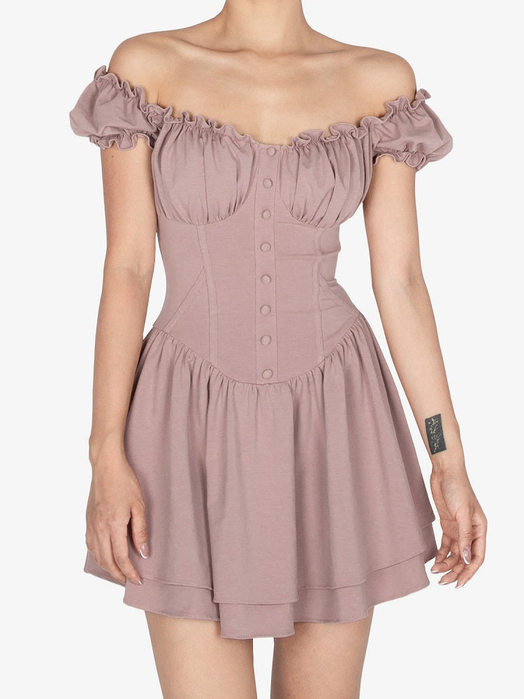 ダスティピンクのフリルオフショルダーネックラインショートパフスリーブミニドレス