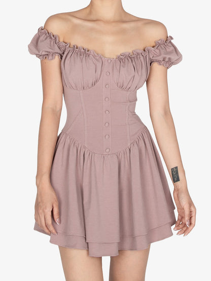 ダスティピンクのフリルオフショルダーネックラインショートパフスリーブミニドレス