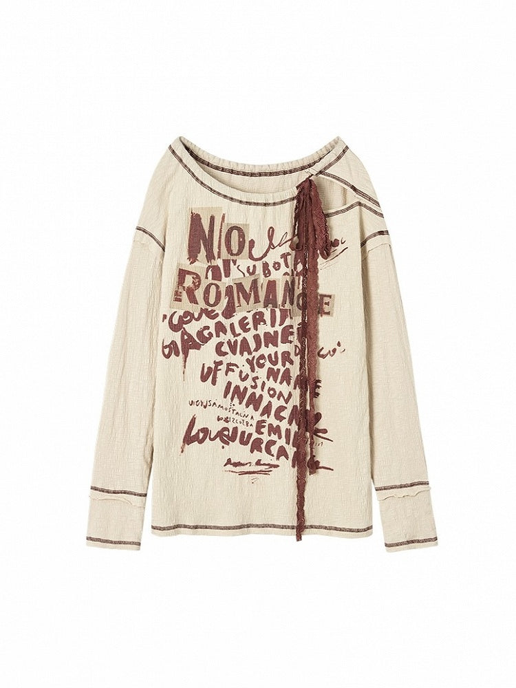 Letter Print Apricot Top Neck Punk Self-tie with Straps Distressed Cutout Wasteland Red