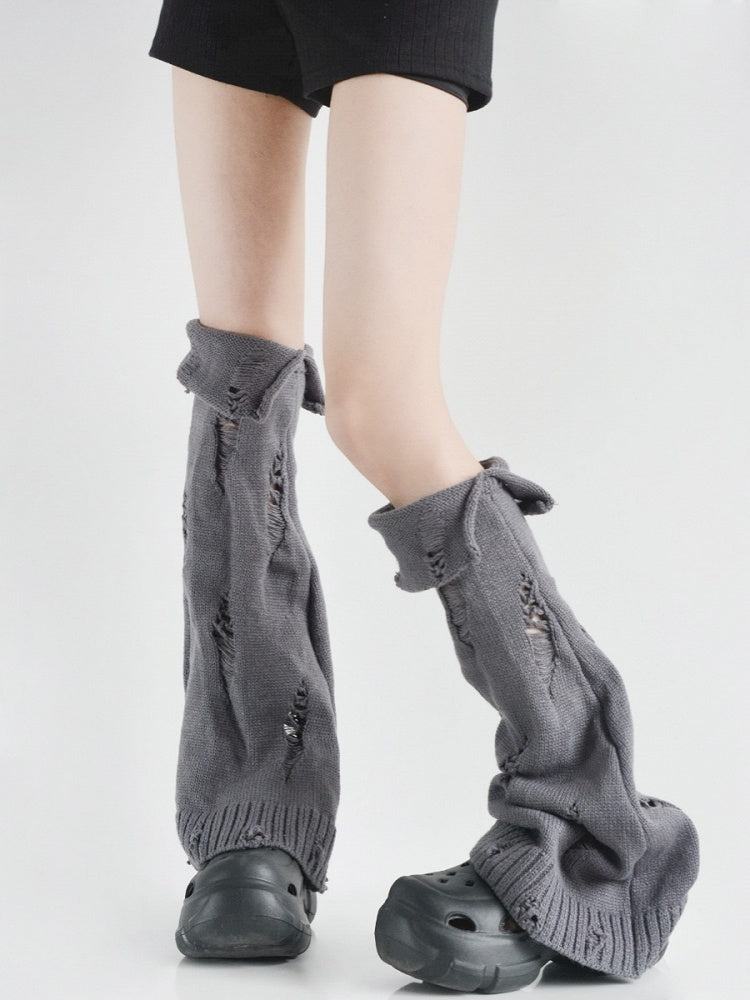 Y2K Knitted Flared Warmers Distressed Black/White/Gray Cuffed Leg