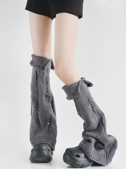 Y2K Knitted Flared Warmers Distressed Black/White/Gray Cuffed Leg