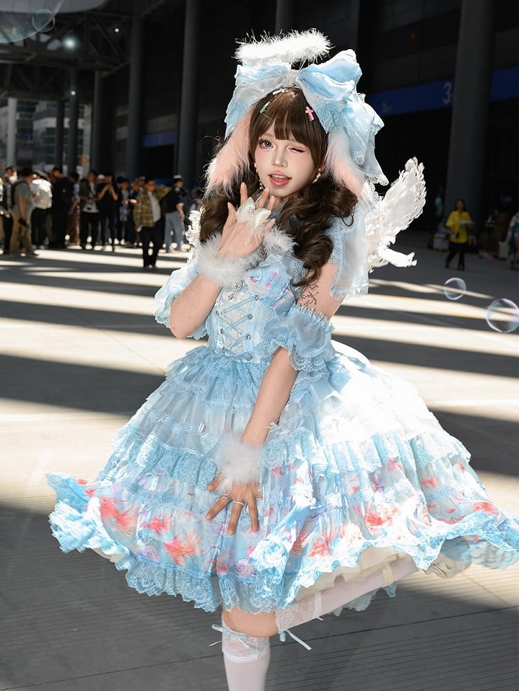 Robe salopette asymétrique imprimé poisson rouge - Mewroco