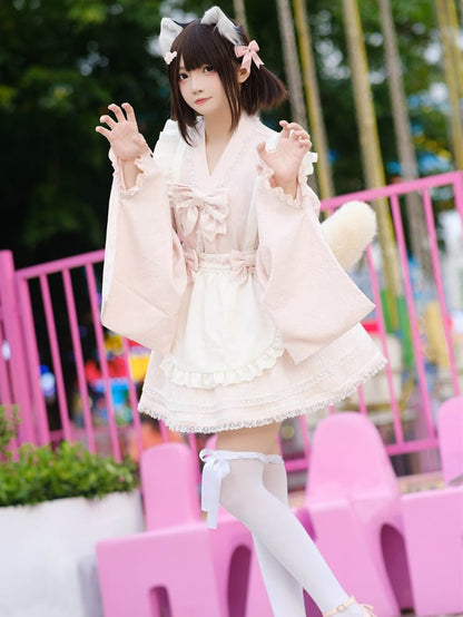 Wa Kei Pink Set-Bell Full Style Jirai Ärmel Blütenschürze Kleid + Flatteroutfit Festival Cherry