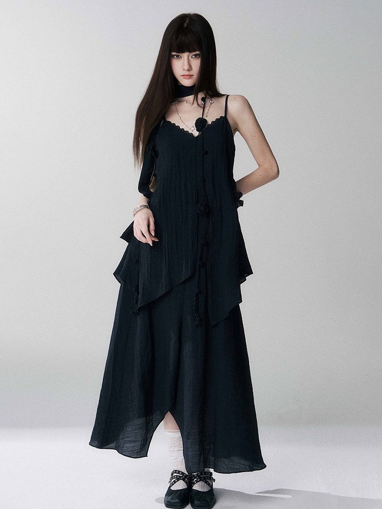 Black V-Neck Spaghetti Strap Long Dress with Scarf - Lady Ghost