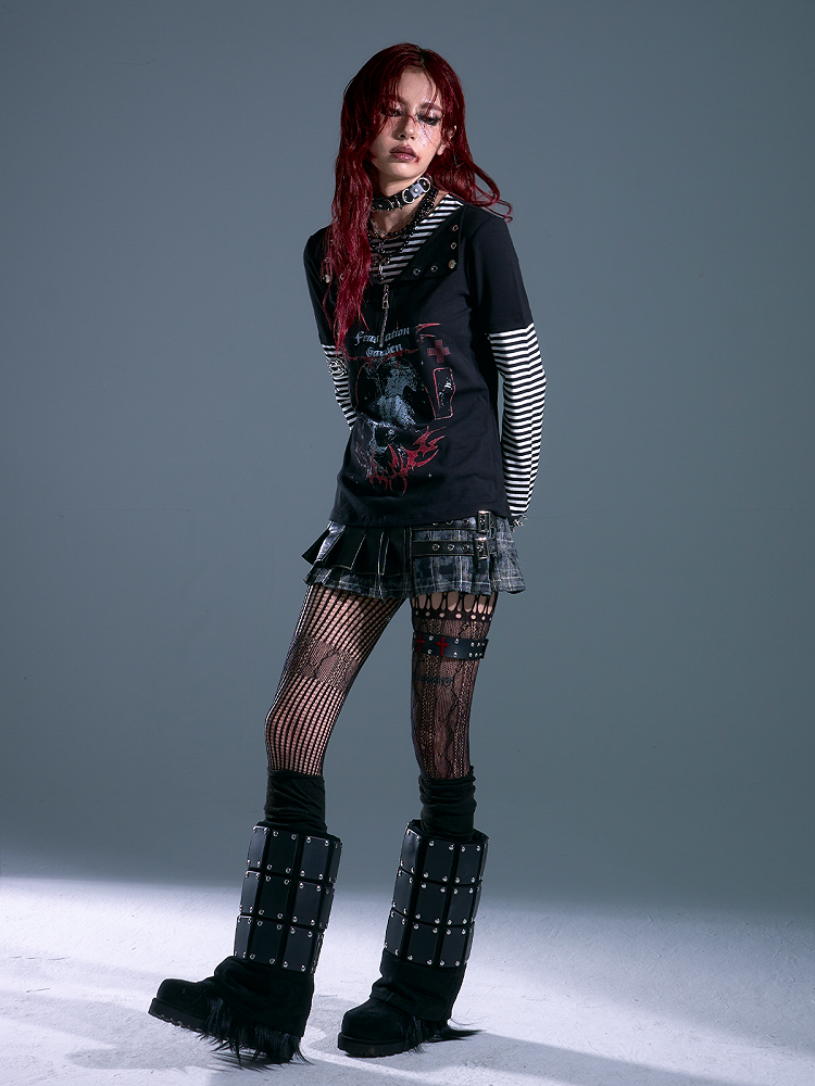 Pattern Black - Long Striped Rock Sleeve Punk Two-piece Top