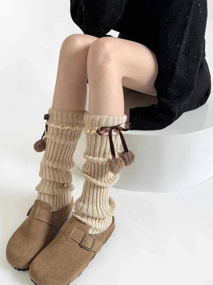 Details Bow Ribbed Warmers Leg with Khaki Pom-Pom