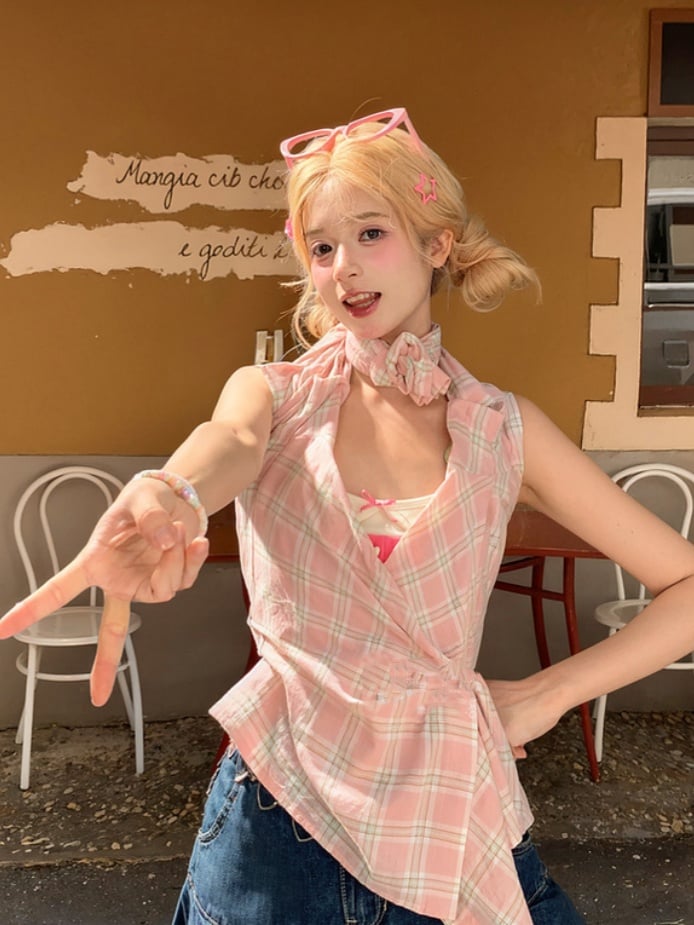 ピンクボタン、グリーンプラケット、グアバ刺繍、ハート柄、取り外し可能な袖付きチェックシャツ