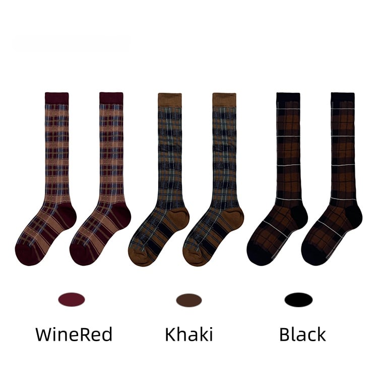 Calf Retro Striped Pattern Plaid Red Socks Khaki/Black/Wine