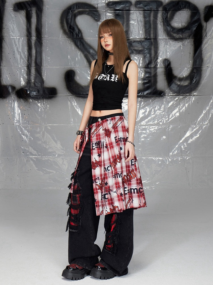 Black Distressed Holes Plaid Pattern Straight-leg Cut Jeans