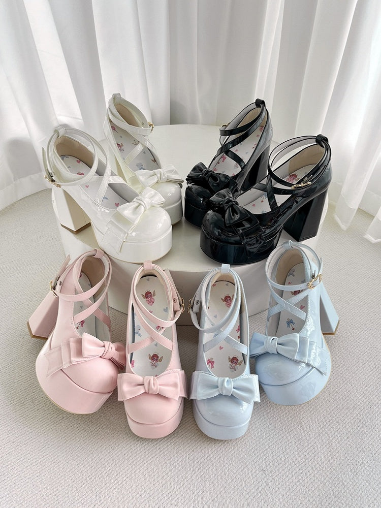 Crisscross Ankle Strap 11cm High Heels with Black Bow at Top, Size 38 - JIU JIU Lolita