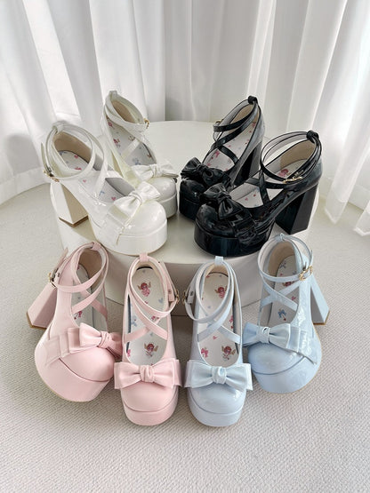 Crisscross Ankle Strap 11cm High Heels with Black Bow at Top, Size 38 - JIU JIU Lolita