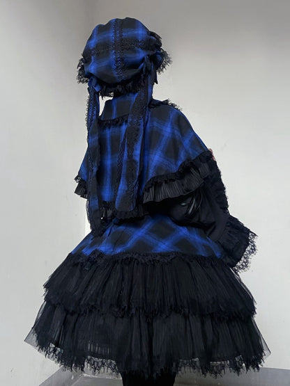 Blue Plaid Pattern Rounded Flat Collar Cape