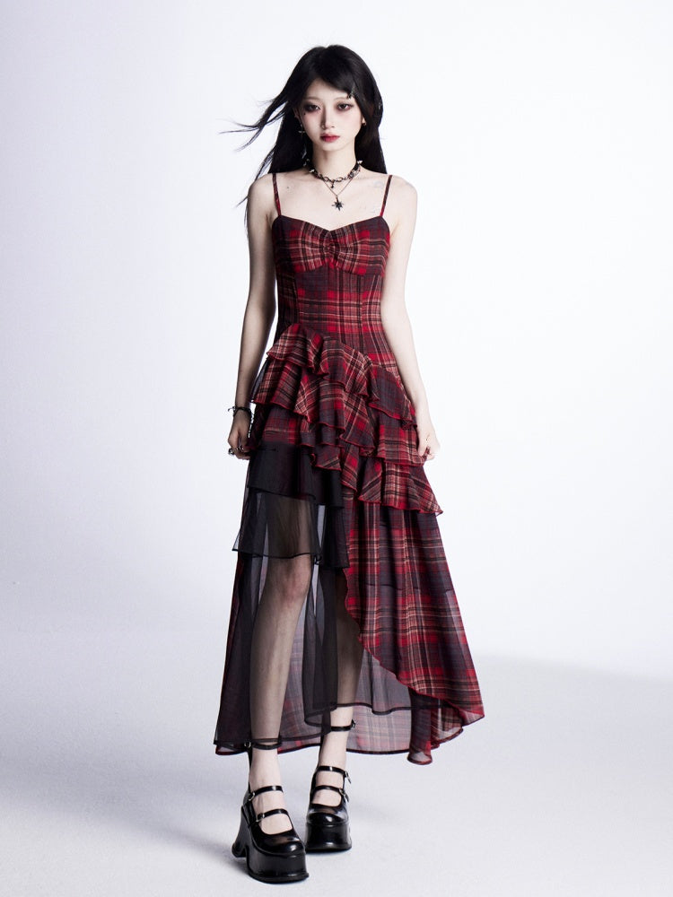 Waistline Asymmetrical Red Plaid Cami Dress Tiered Ruffles with