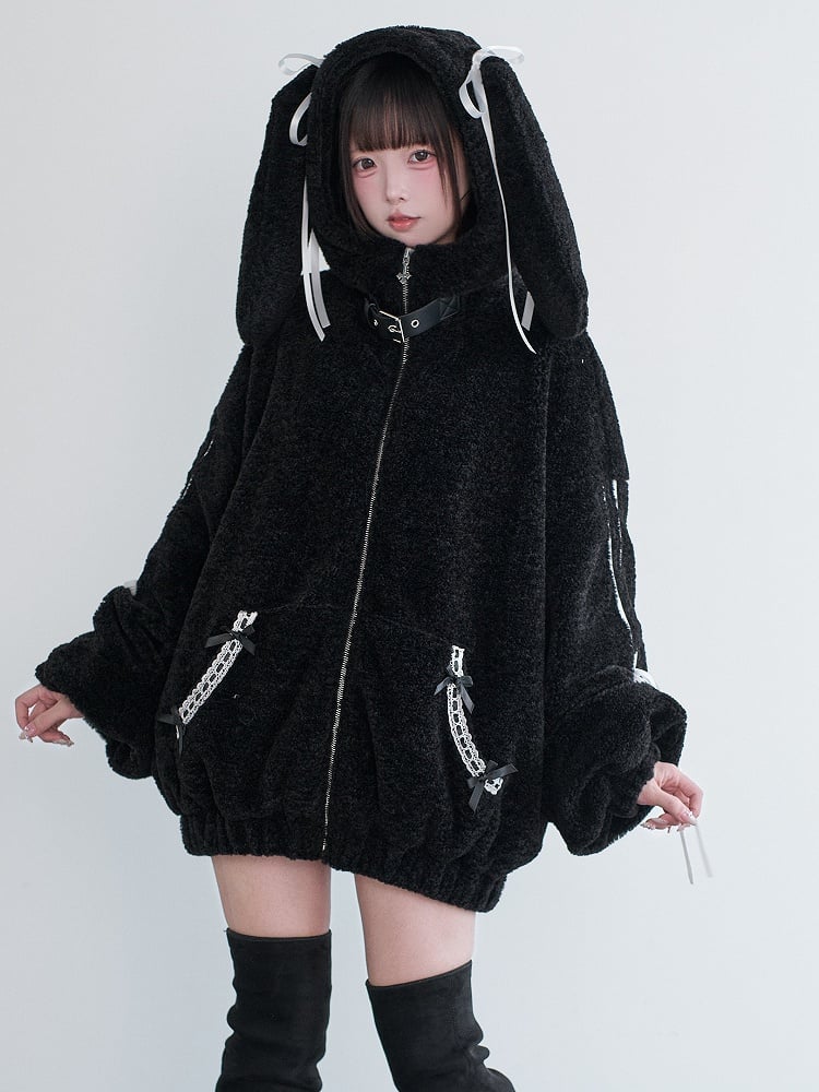 Hooded Black Fleece Ear Decor Buckle Leather Kei Bunny Coat Bow Jirai