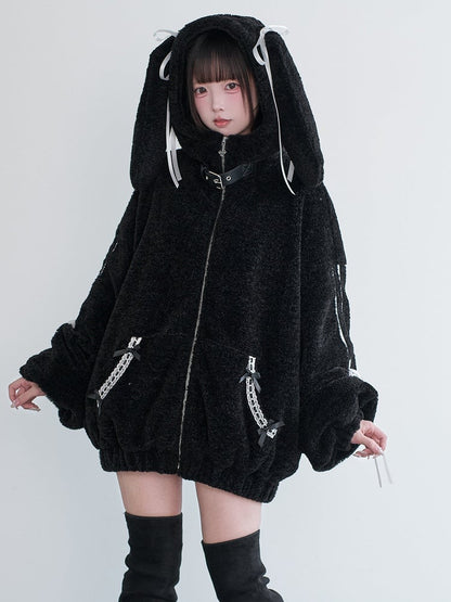 Hooded Black Fleece Ear Decor Buckle Leather Kei Bunny Coat Bow Jirai
