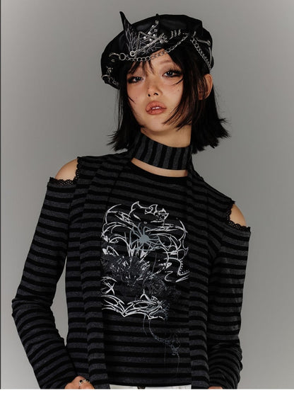 with Scarf Black  Gray Striped Cutout Shoulder Graphic Top Star Punk