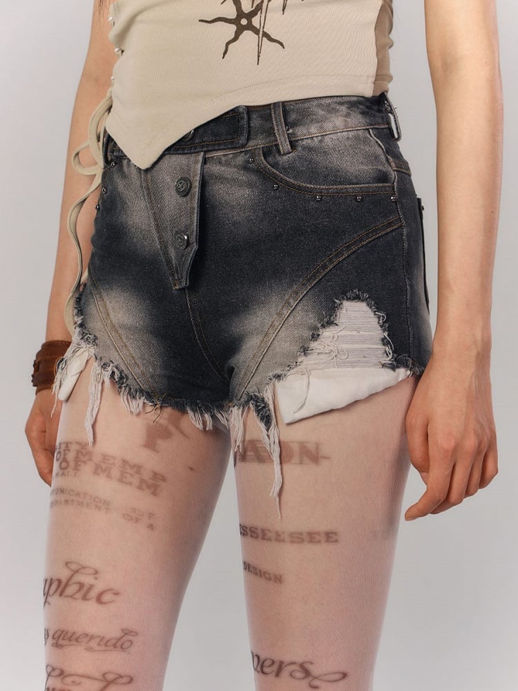 with Hem Denim Studded Distressed Black Shorts Punk Accents Raw