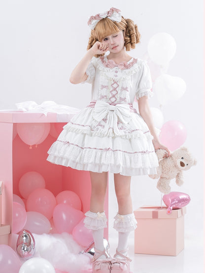 Hime Pink und Peter Pan Kragen Stufenrock Balletcore Lolita Kleid Weiß OP