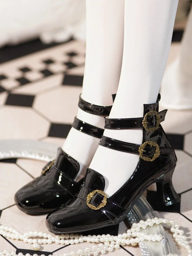 Black Triple Rose with Elegant Delicate Janes - Polished Accents Buckle Lolita Mary Design