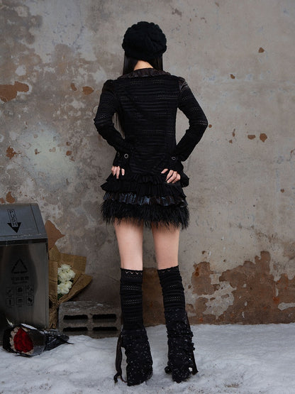 Tiered Faux Elastic Black Punk with Fur Waist Glossy Skirt Trim Fabric