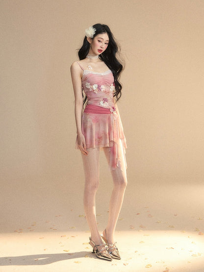 Top/Cherry Blossom Print Asymmetrical Hem Shorts Pink Cherry Blossom Embellished Cami