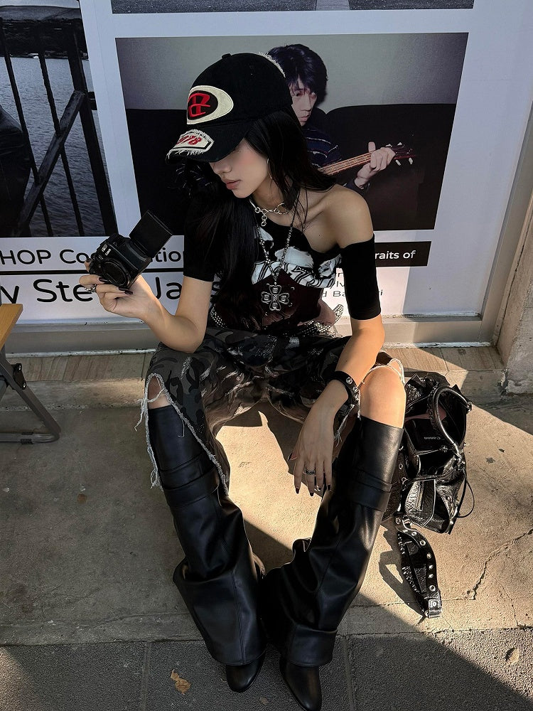 Waist with White Black / Asymmetrical Lace-up Neckline T-Shirt