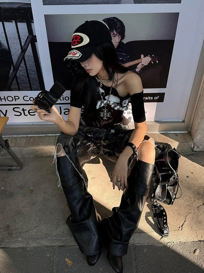 Waist with White Black / Asymmetrical Lace-up Neckline T-Shirt