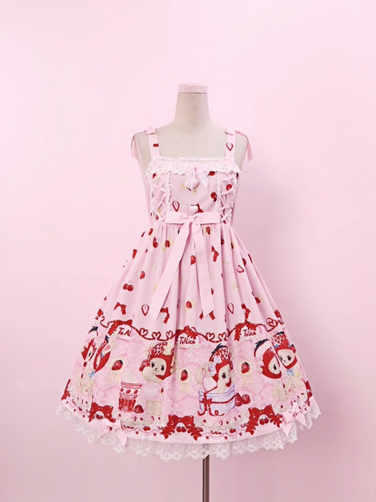 Chiffon Cottagecore Light Country Accents JSK Erdbeer- und Bärendruck Schleife Rosa Lolita Kleid