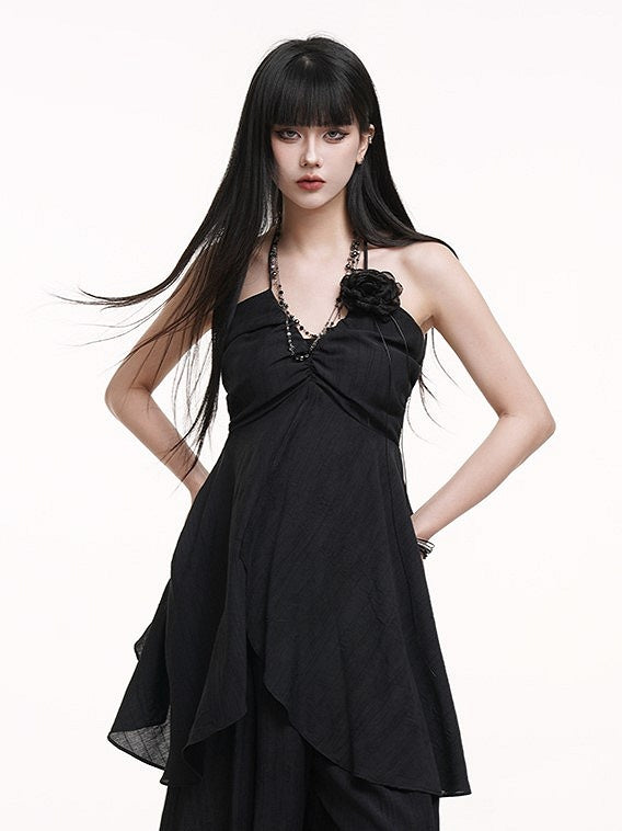 Top Bust Detail Ruched with Slit Cami Center Gothic Black Halter